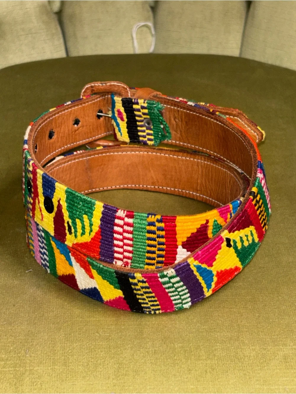 VTG Guatemalan Multicolor Hand Woven Handmade Leather Belt Unisex 36 Boho Hippie